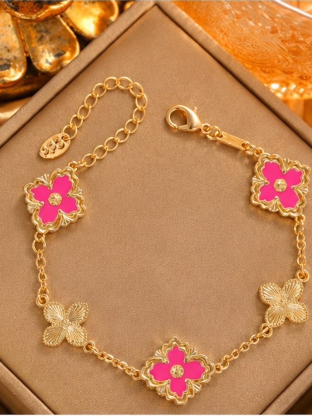 🌸 Hot Pink Enamel & Gold Tone Clover Station Necklace Designer Inspired